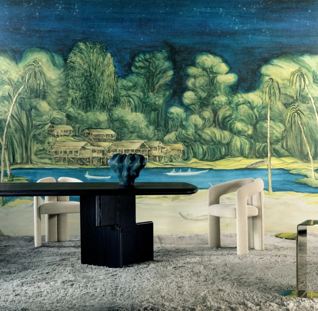 Interieur met Arte Ombre Riva panoramabehang in blauw, kleur Blue Sunset (32360)