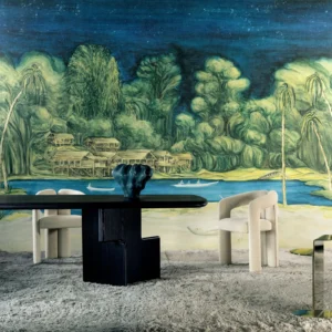 Interieur met Arte Ombre Riva panoramabehang in blauw, kleur Blue Sunset (32360)