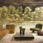 Interieur met Arte Ombre Riva panoramabehang in bruin, kleur Sepia River (32361)