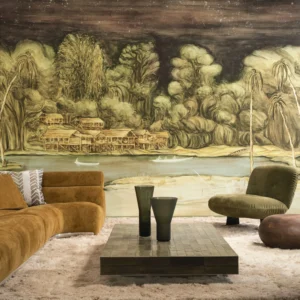 Interieur met Arte Ombre Riva panoramabehang in bruin, kleur Sepia River (32361)