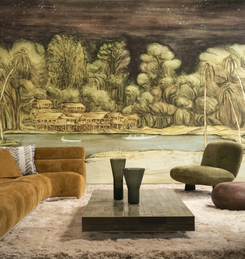 Interieur met Arte Ombre Riva panoramabehang in bruin, kleur Sepia River (32361)